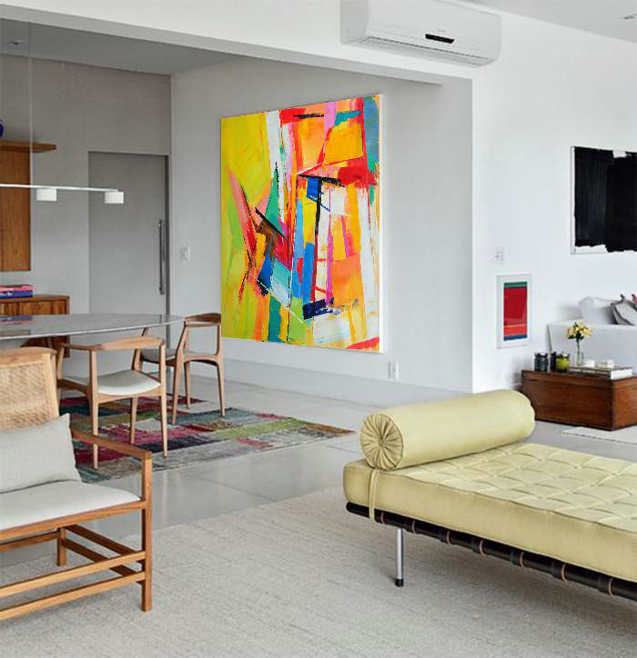 Extra Large Painting,Oversized Palette Knife Painting Contemporary Art On Canvas,Hand Painted Canvas Art,Yellow,Blue,Red,Pink,Light Green.etc